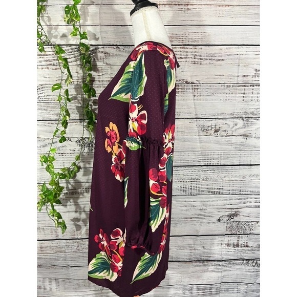 Ann Taylor Loft Tunic Dress Small Burgundy Green Floral Tropical Wedding Church - Picture 6 of 9